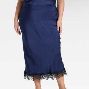 Navy Blue & Black Lace-Hem Slip Midi Skirt